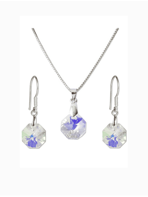 Conjunto De Plata 925 & Cristales Octágonos Aurora Boreal 
