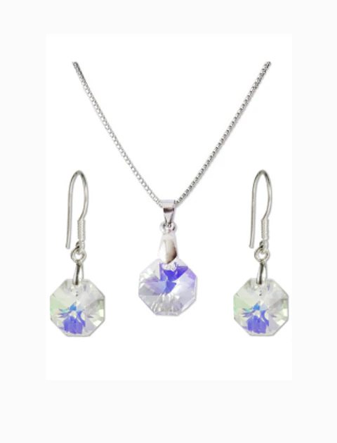 Conjunto De Plata 925 & Cristales Octágonos Aurora Boreal 