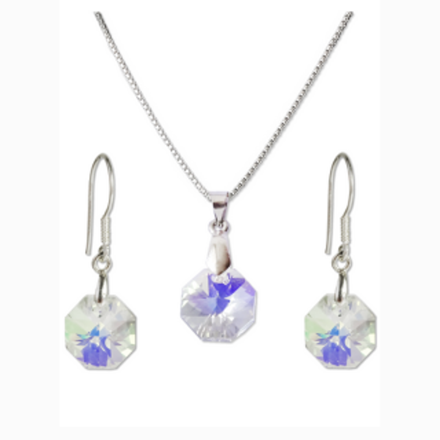 Conjunto De Plata 925 & Cristales Octágonos Aurora Boreal  1