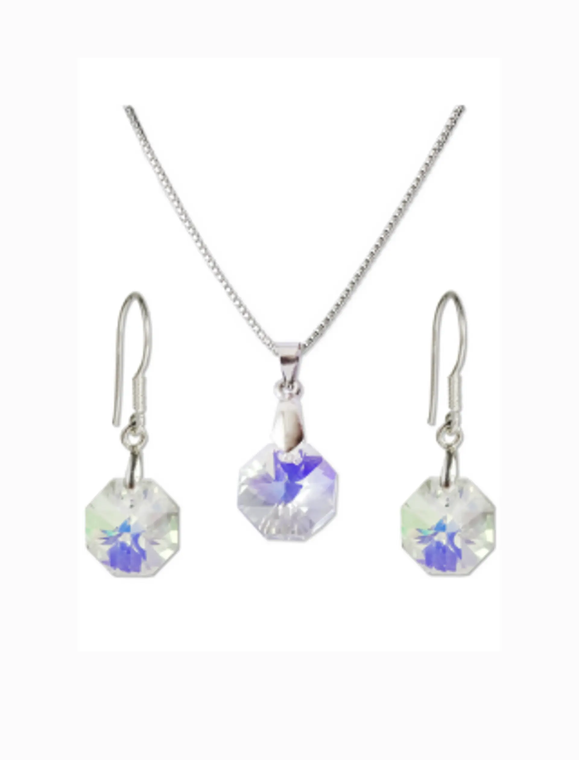 Conjunto De Plata 925 & Cristales Octágonos Aurora Boreal  1
