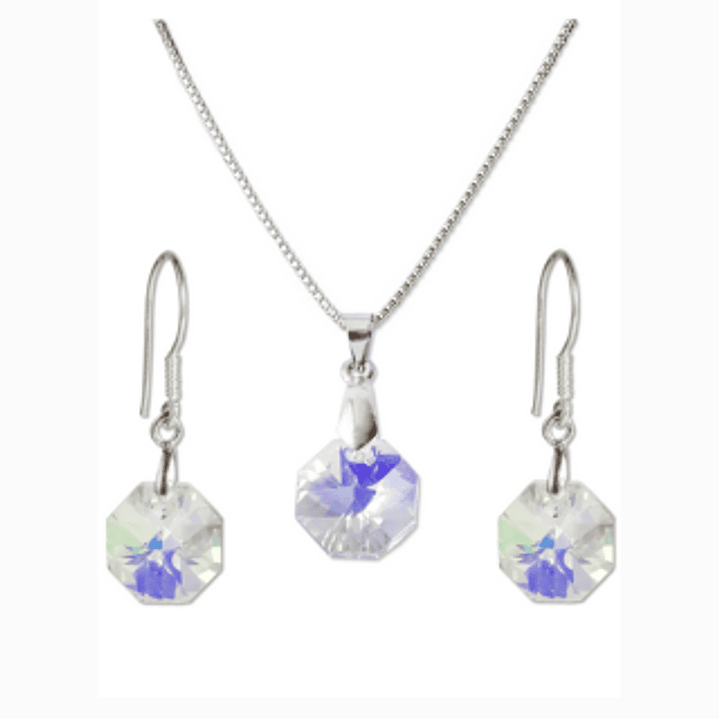 Conjunto De Plata 925 & Cristales Octágonos Aurora Boreal  1
