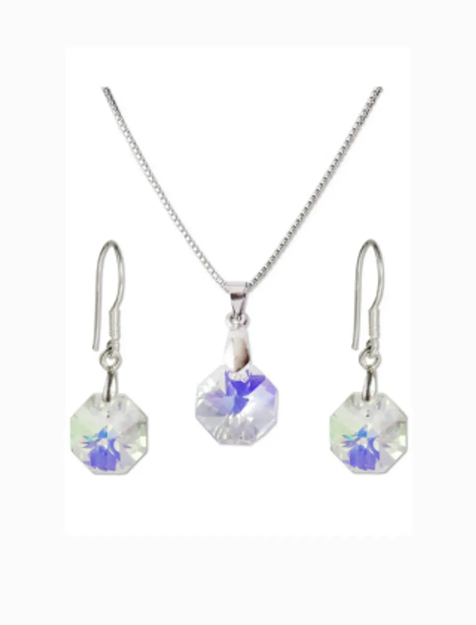 Conjunto De Plata 925 & Cristales Octágonos Aurora Boreal  1