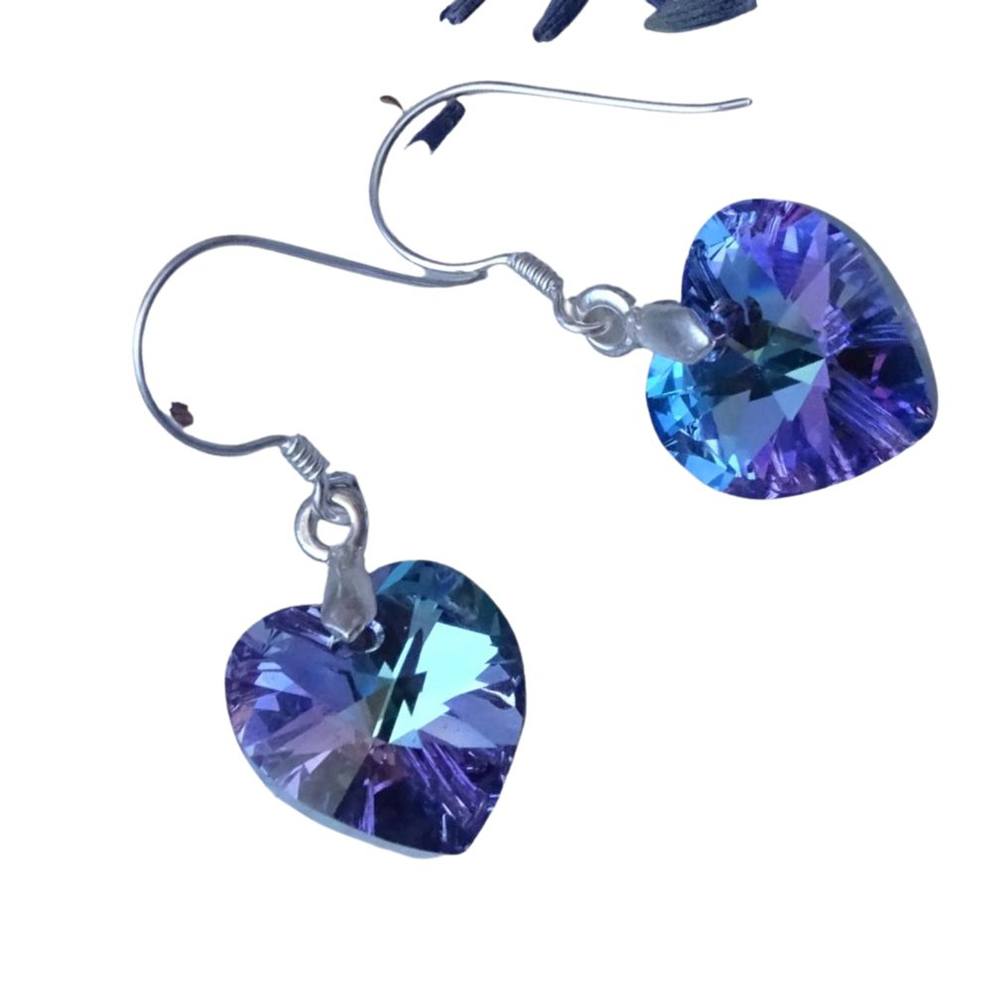 Aros De Plata 925 de Corazón Cristal Violeta/Rosa/Azul/Negro/ Aurora Boreal 3