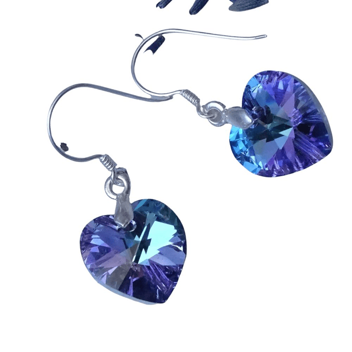 Aros De Plata 925 de Corazón Cristal Violeta/Rosa/Azul/Negro/ Aurora Boreal 3