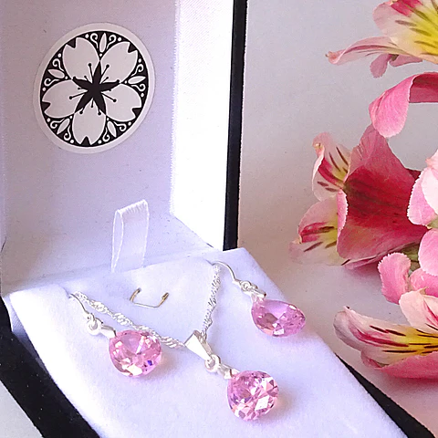 Conjunto de Plata Corazones Rosa