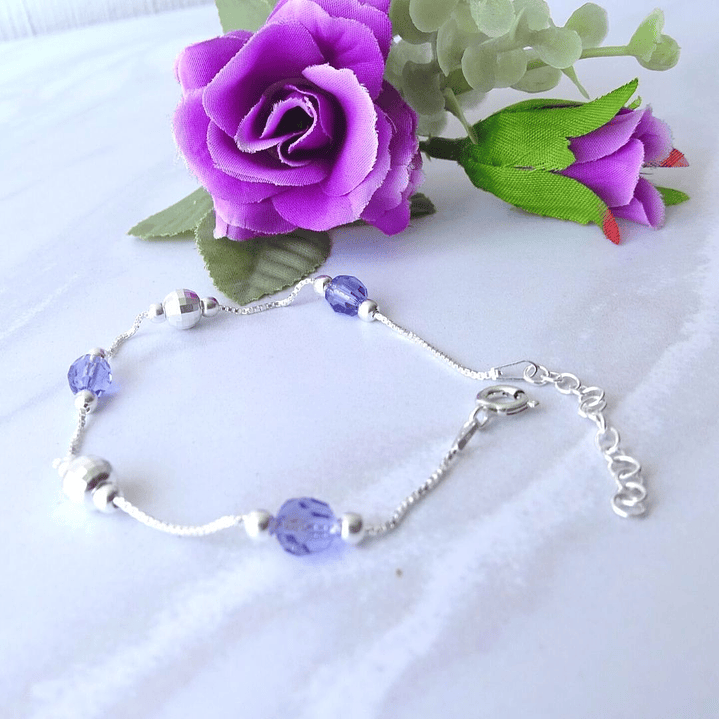 Pulsera De Plata 925 Puntos y Cristales Rosa/Azul/Violeta/Brillante 7