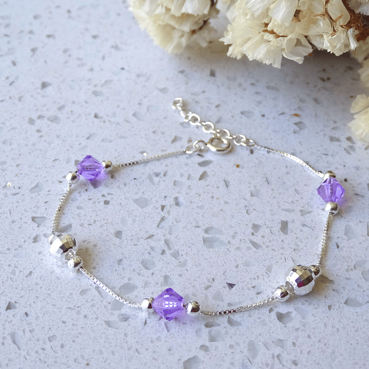 Pulsera De Plata 925 Puntos y Cristales Rosa/Azul/Violeta/Brillante 8