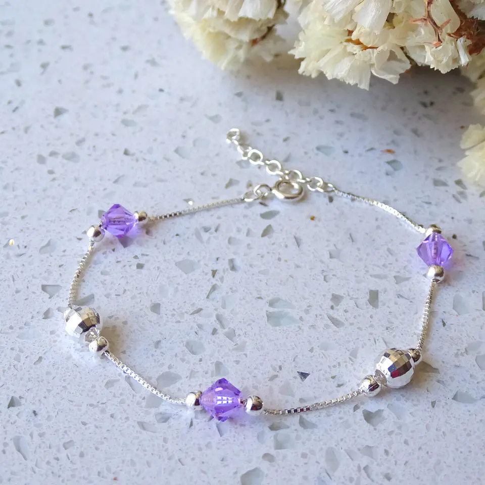 Pulsera De Plata 925 Puntos y Cristales Rosa/Azul/Violeta/Brillante 8