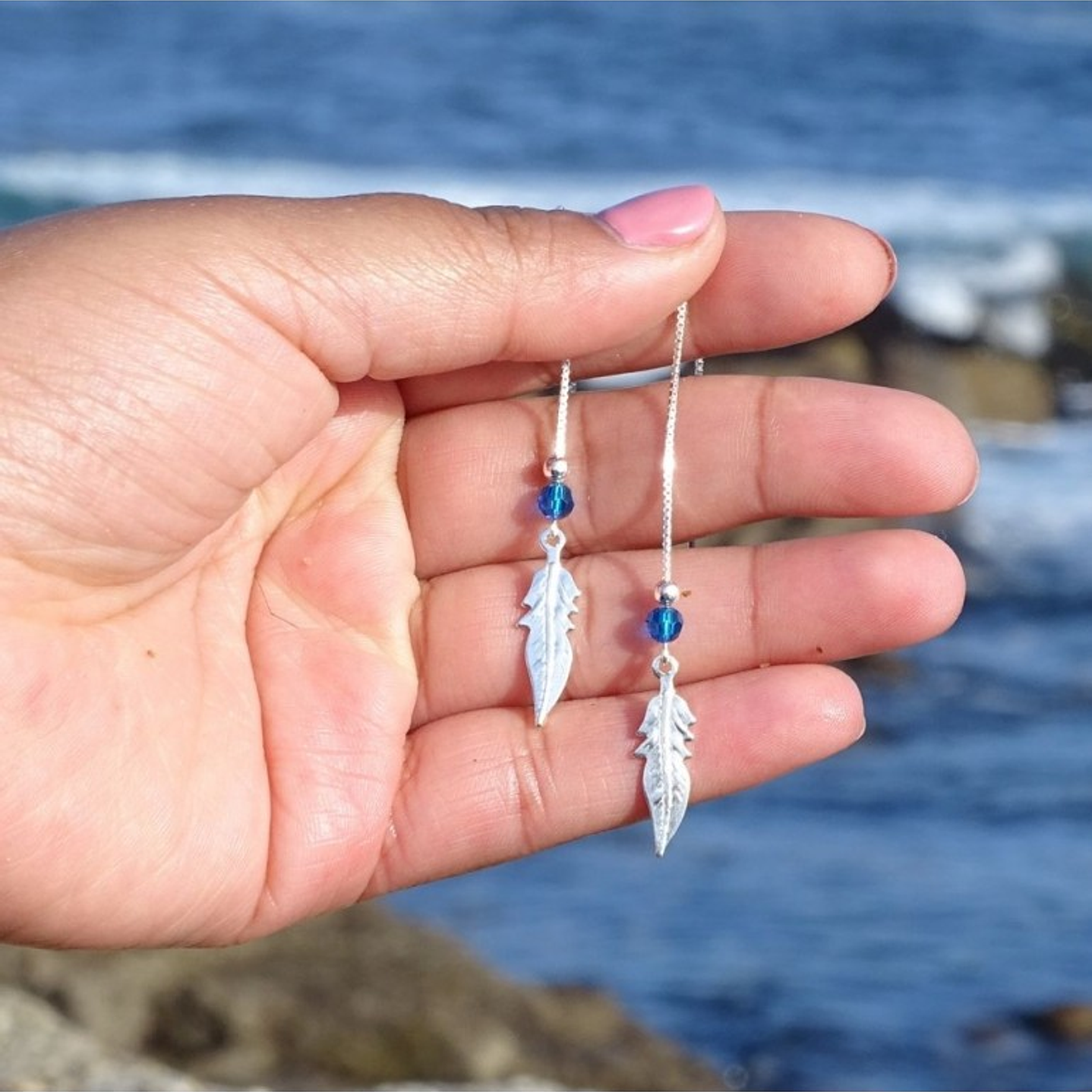 Aros De Plata 925 Plumas con Cristales Violeta/ Azul/ Rosa/ Negro 4