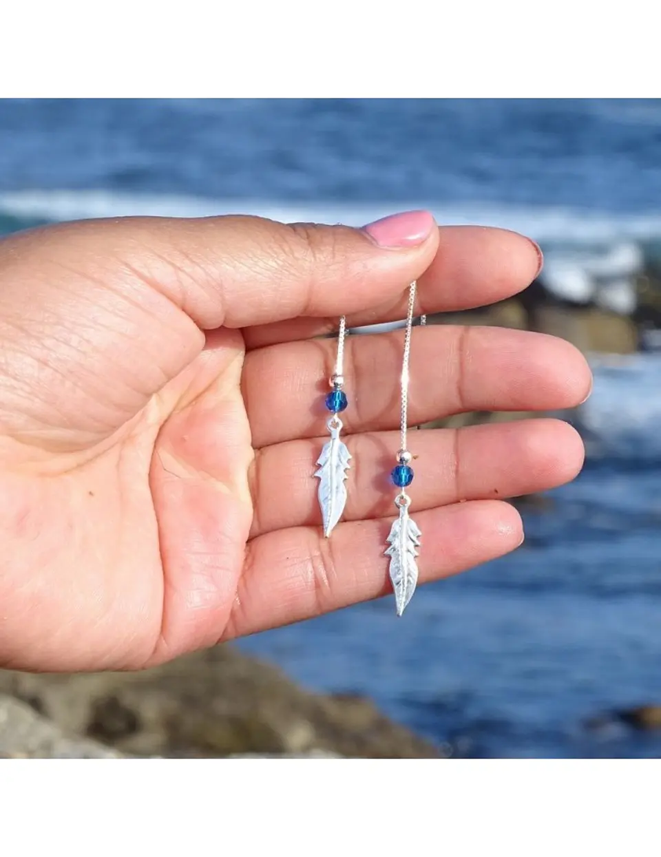 Aros De Plata 925 Plumas con Cristales Violeta/ Azul/ Rosa/ Negro 4