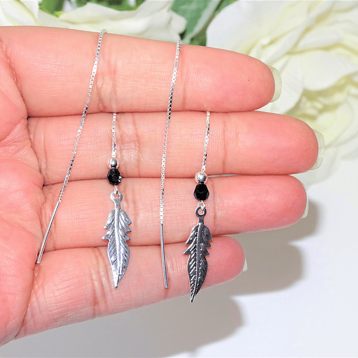 Aros De Plata 925 Plumas con Cristales Violeta/ Azul/ Rosa/ Negro 9