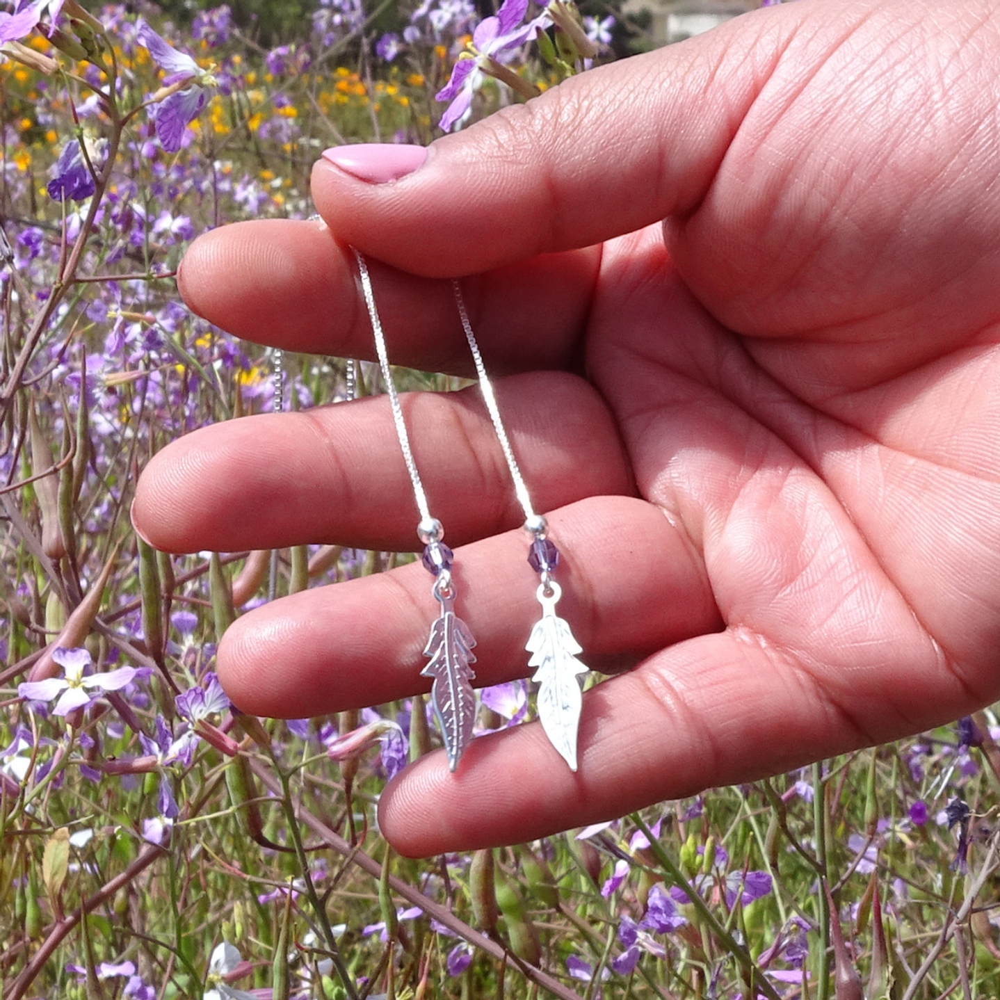 Aros De Plata 925 Plumas con Cristales Violeta/ Azul/ Rosa/ Negro 15