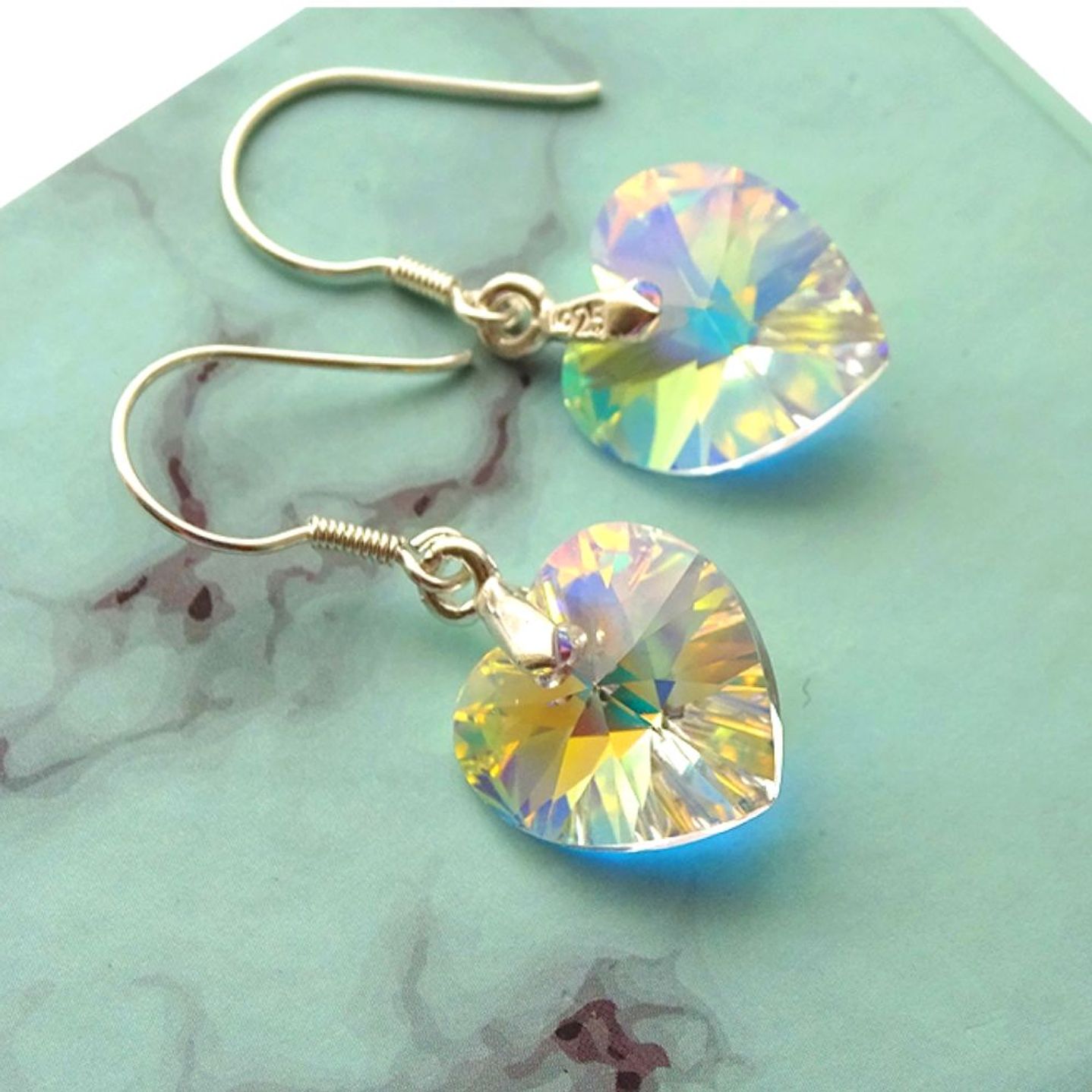 Aros De Plata 925 de Corazón Cristal Violeta/Rosa/Azul/Negro/ Aurora Boreal 6