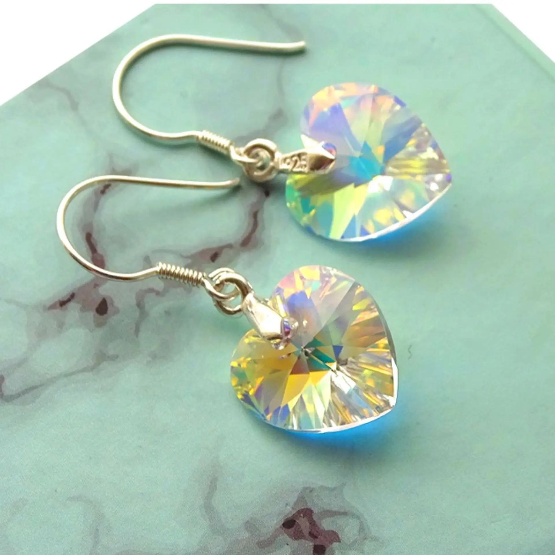 Aros De Plata 925 de Corazón Cristal Violeta/Rosa/Azul/Negro/ Aurora Boreal 6