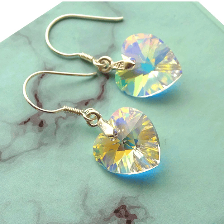 Aros De Plata 925 de Corazón Cristal Violeta/Rosa/Azul/Negro/ Aurora Boreal 6