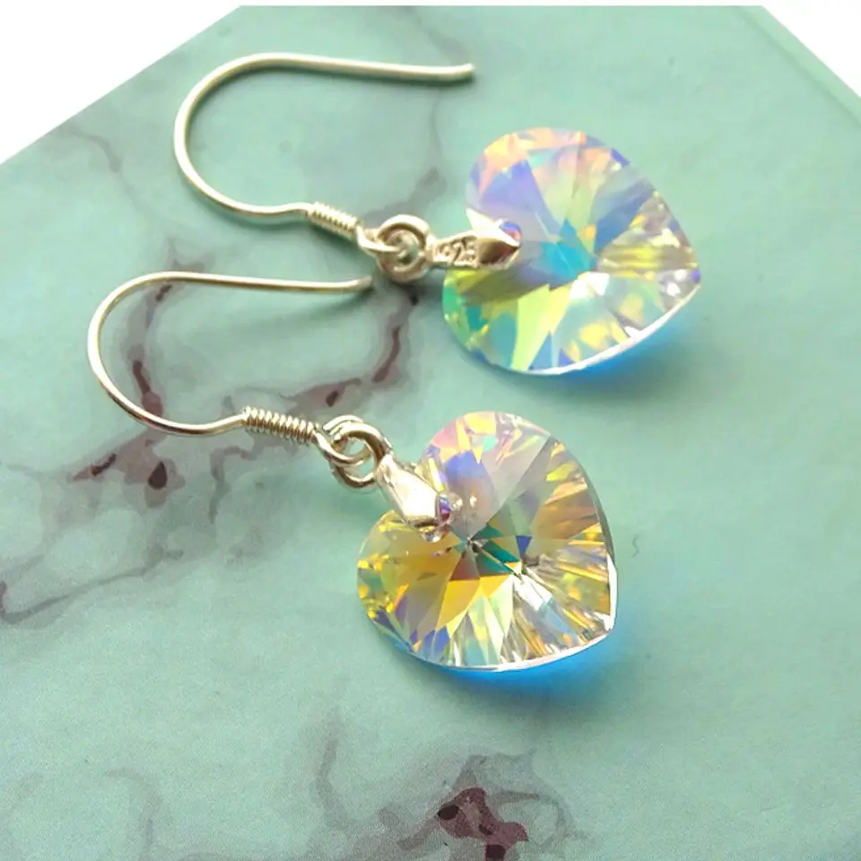 Aros De Plata 925 de Corazón Cristal Violeta/Rosa/Azul/Negro/ Aurora Boreal 6