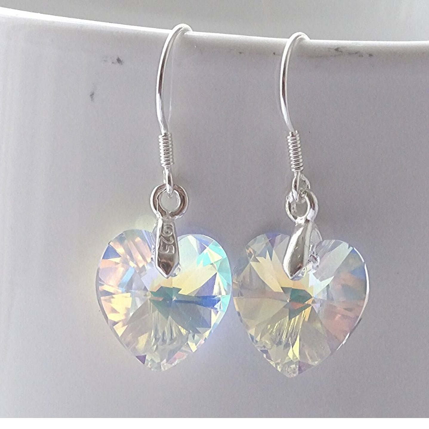 Aros De Plata 925 de Corazón Cristal Violeta/Rosa/Azul/Negro/ Aurora Boreal 7