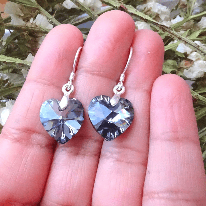 Aros De Plata 925 de Corazón Cristal Violeta/Rosa/Azul/Negro/ Aurora Boreal 12