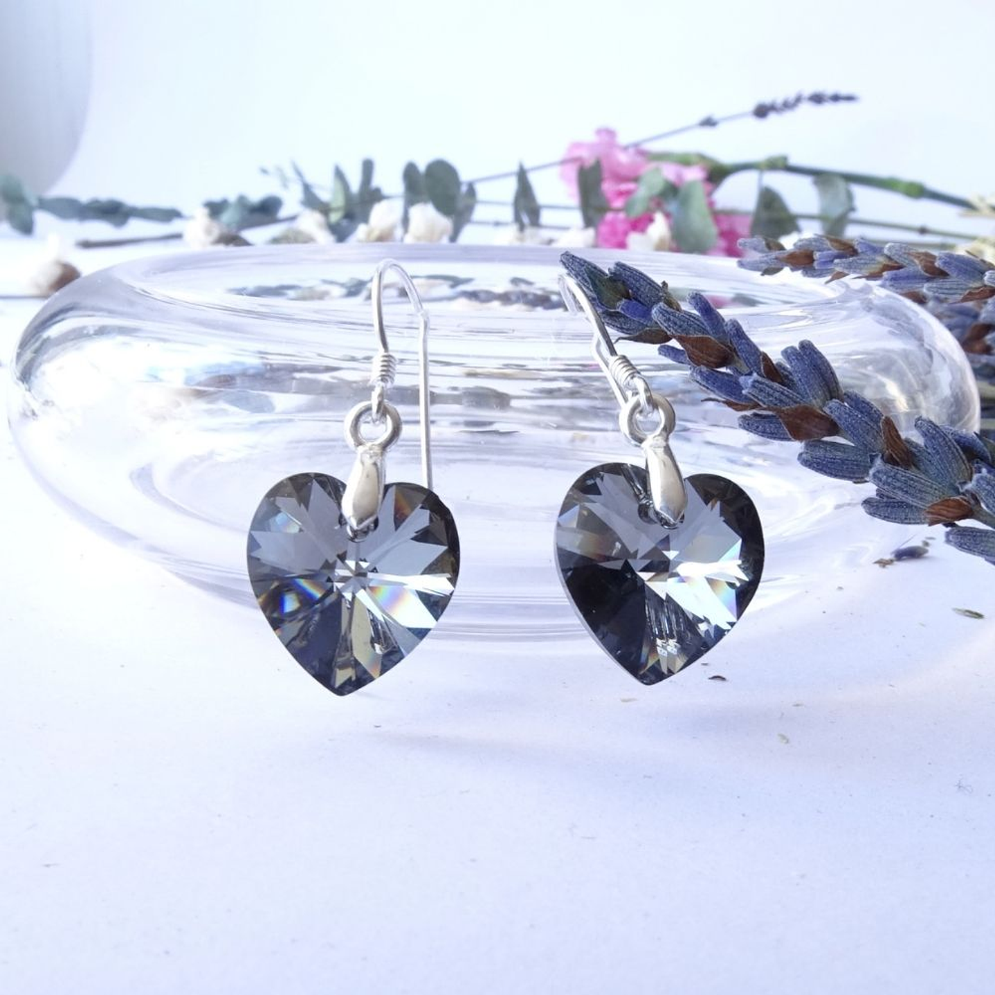 Aros De Plata 925 de Corazón Cristal Violeta/Rosa/Azul/Negro/ Aurora Boreal 13