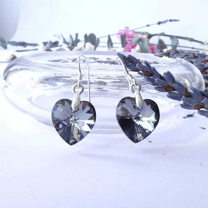 Aros De Plata 925 de Corazón Cristal Violeta/Rosa/Azul/Negro/ Aurora Boreal 13