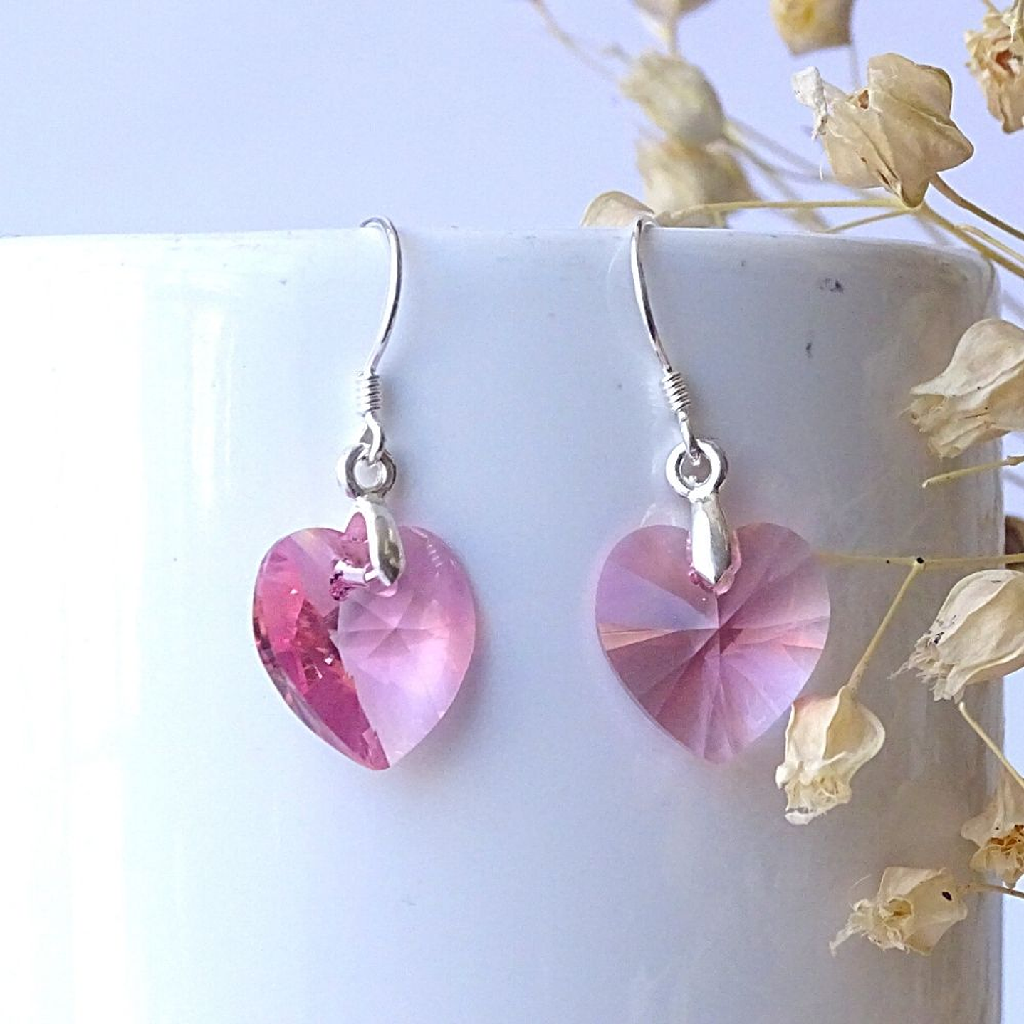 Aros De Plata 925 de Corazón Cristal Violeta/Rosa/Azul/Negro/ Aurora Boreal 17