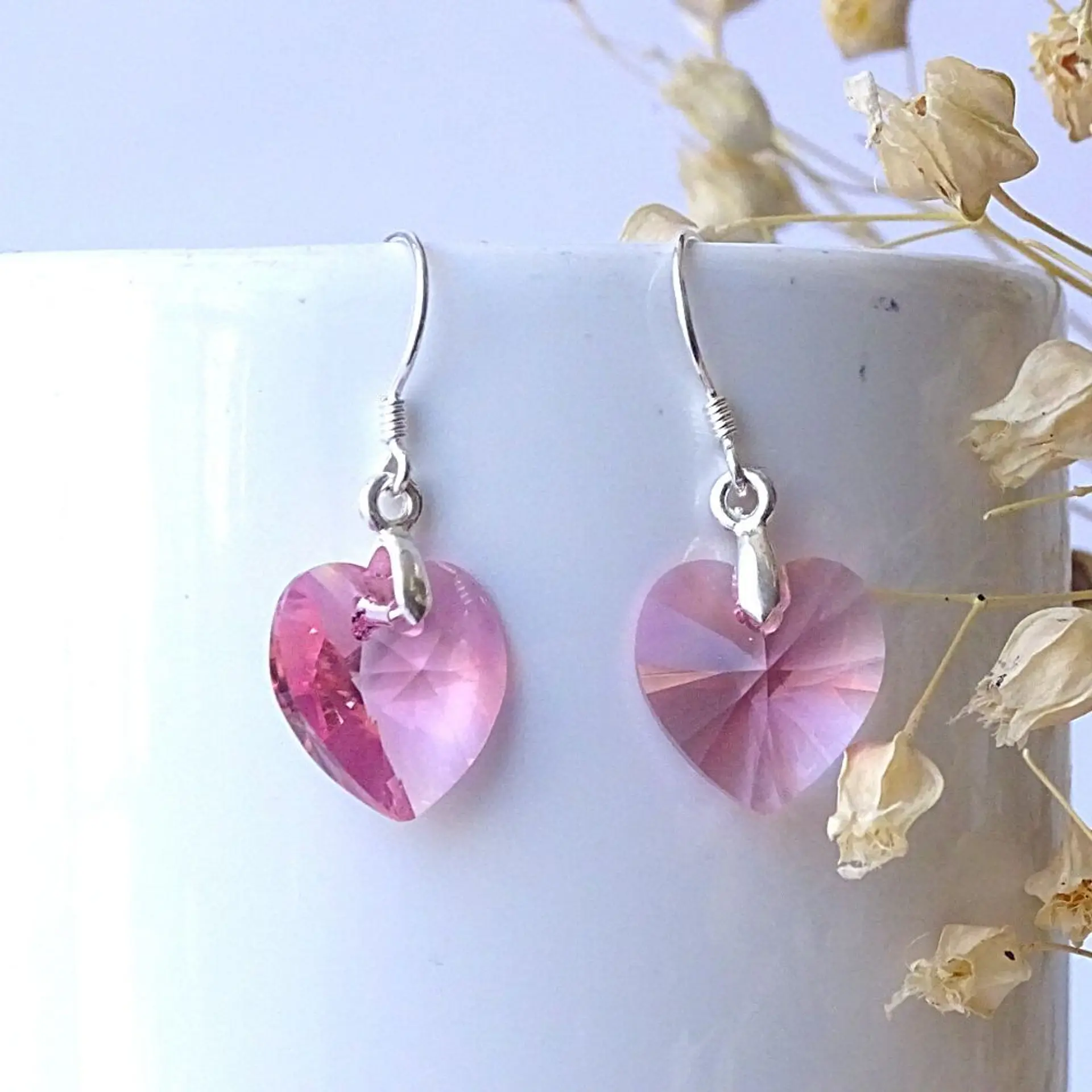 Aros De Plata 925 de Corazón Cristal Violeta/Rosa/Azul/Negro/ Aurora Boreal 17