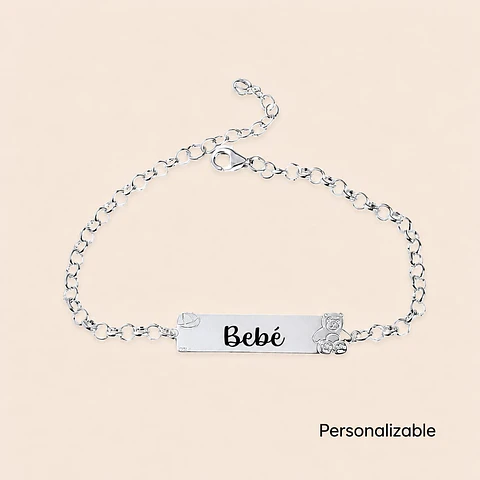 Pulsera Piocha de Plata Oso Teddy Personalizada
