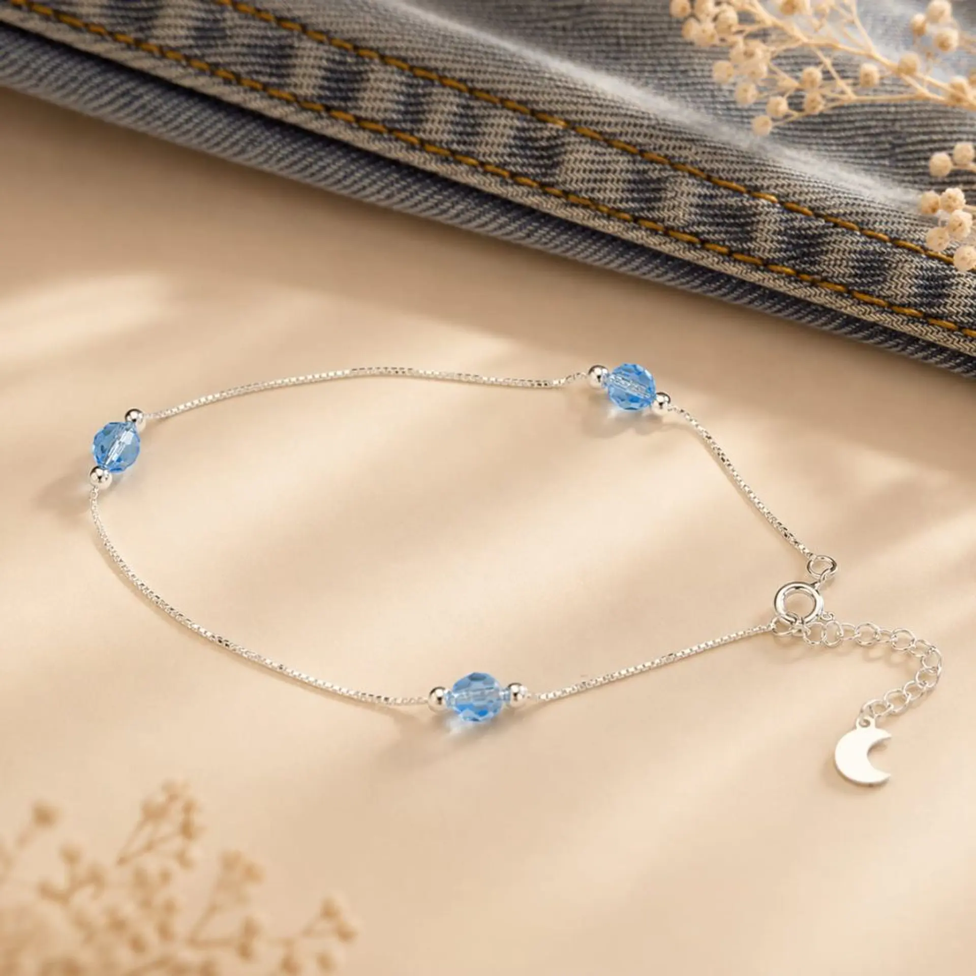 Tobillera Plata 925 · Cristales Facetados Azul Cielo 1