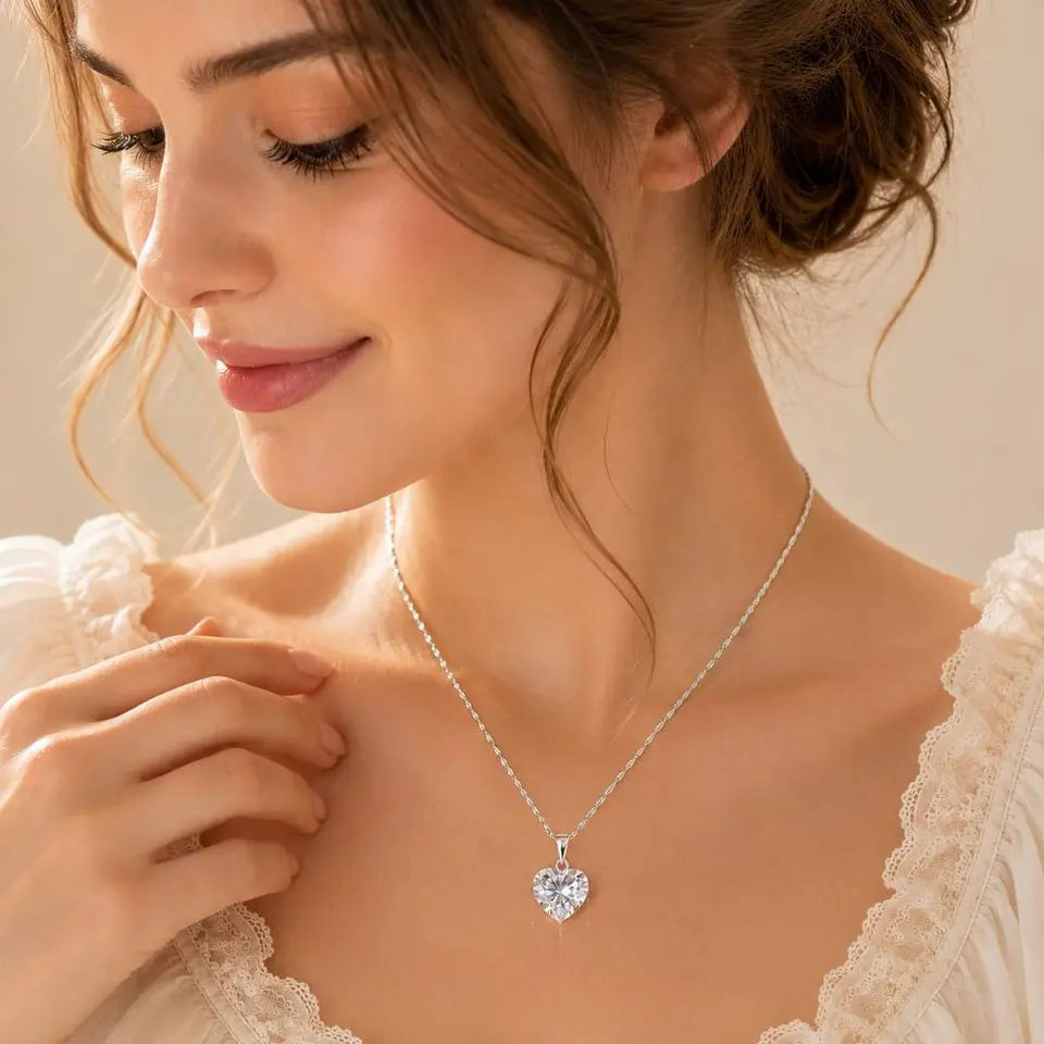 Collar Corazón Circón Cúbico Plata 925 · Cadena Singapur 1