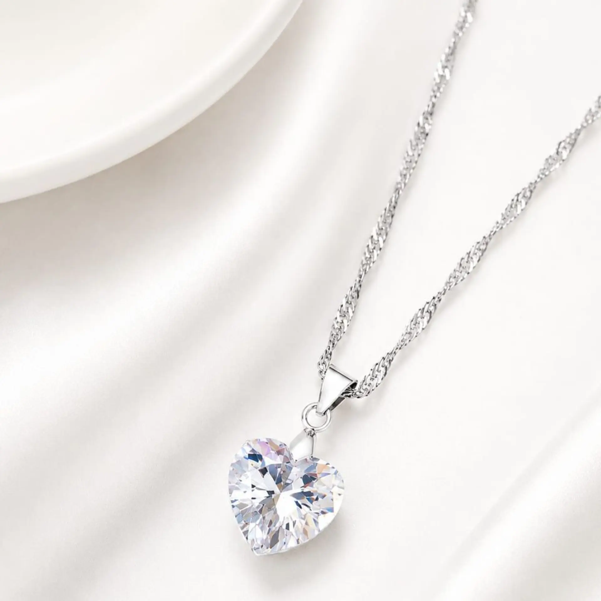 Collar Corazón Circón Cúbico Plata 925 · Cadena Singapur 2