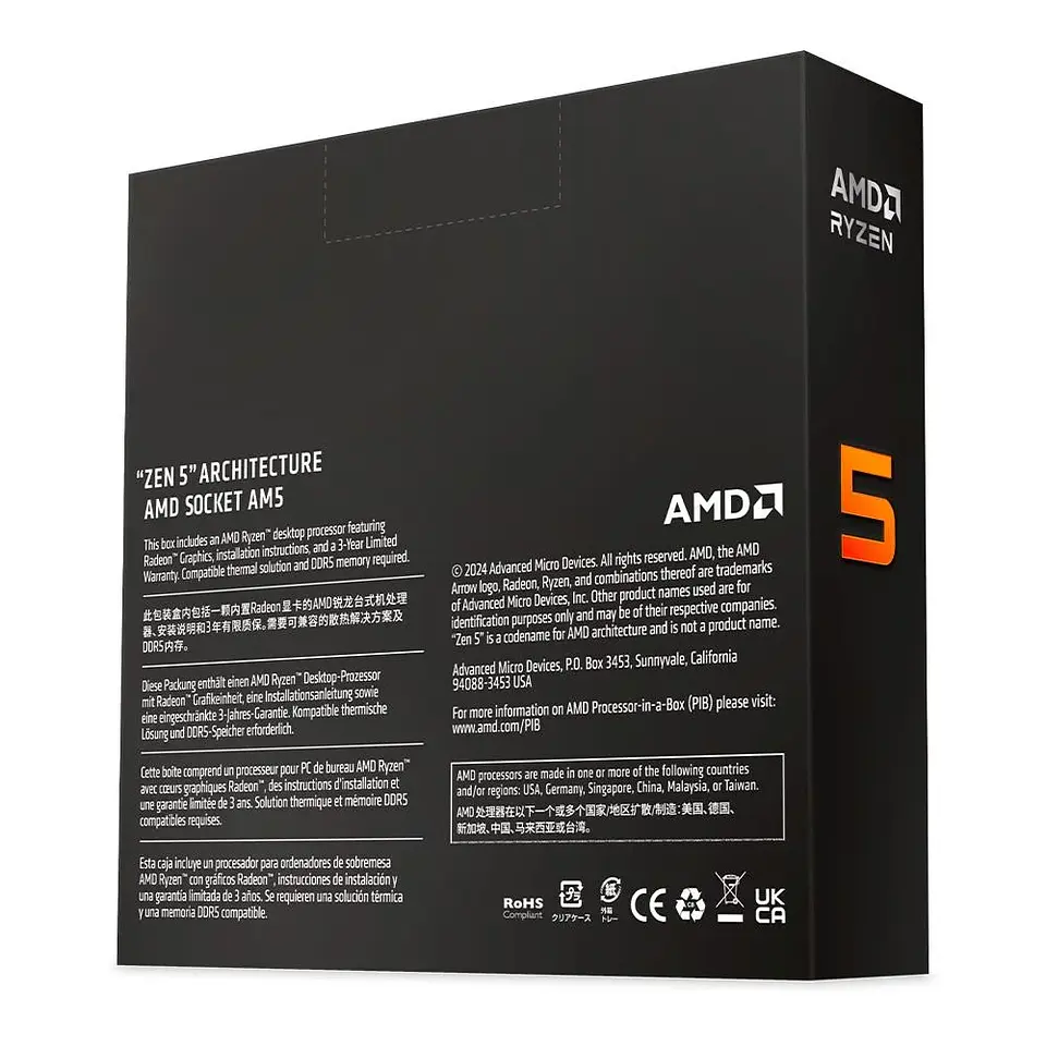 Processador AMD Ryzen 5 9600X, 3.9 GHz (5.4 GHz), 6 Núcleos, 12 Threads, AM5  4