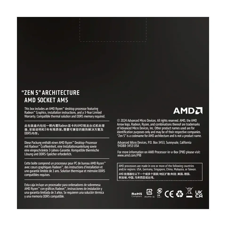 Processador AMD Ryzen 5 9600X, 3.9 GHz (5.4 GHz), 6 Núcleos, 12 Threads, AM5  5