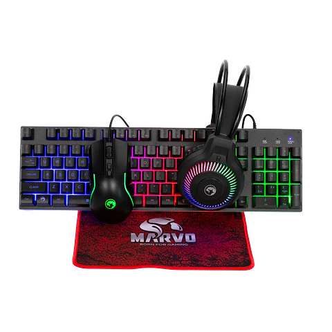 Kit Marvo CM416 4 em 1, Headset, Teclado, Mouse e Mousepad, EN, RGB - Preto