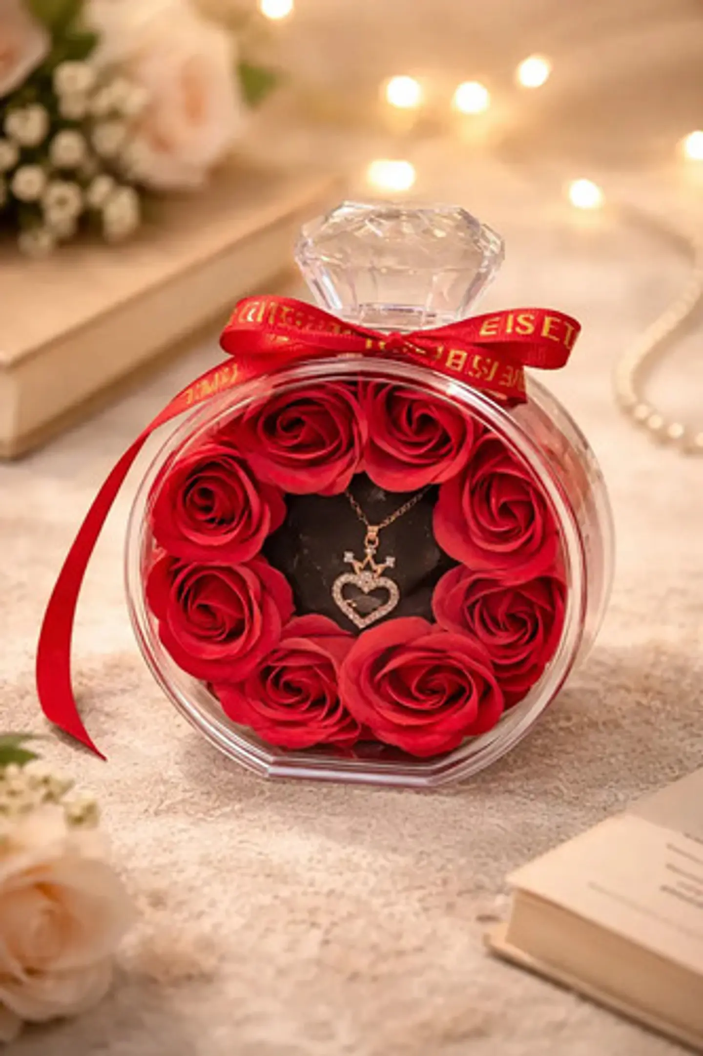 Caja De Rosas Con Collar Dije Corazón Corona Regalo Para Muj 3