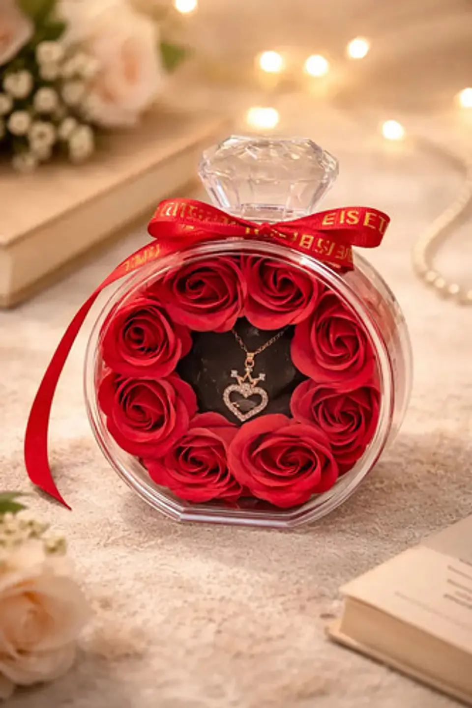 Caja De Rosas Con Collar Dije Corazón Corona Regalo Para Muj 3