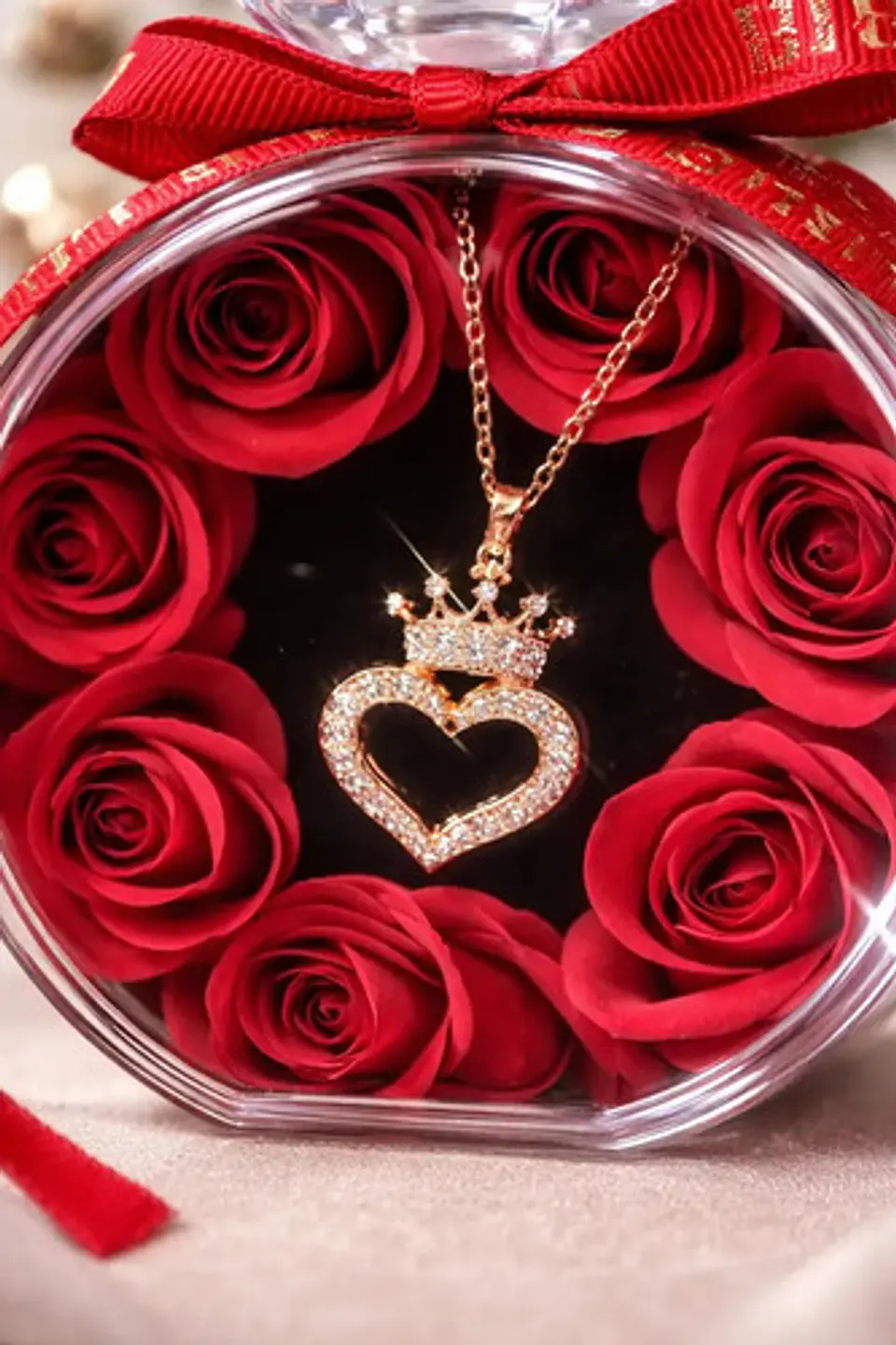 Caja De Rosas Con Collar Dije Corazón Corona Regalo Para Muj 4