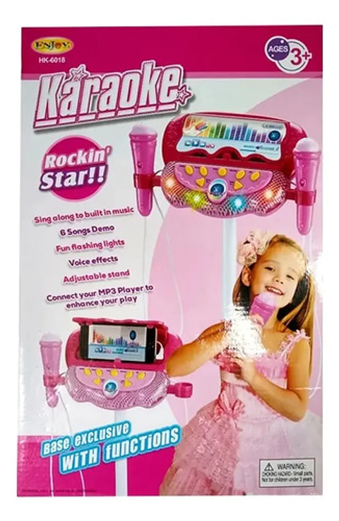 Micrófono Karaoke Doble Con Soporte Luz Mp3 Ref. Hk-6018