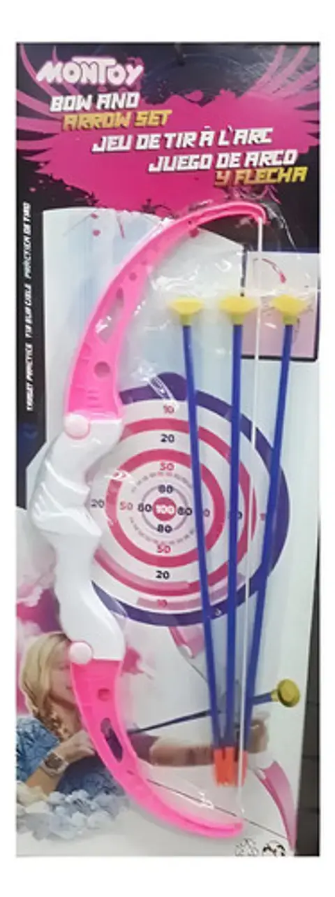 Arco y Flecha MonToy para Niñas de 5 a 7 Años con Blanco de Tiro, Rosa