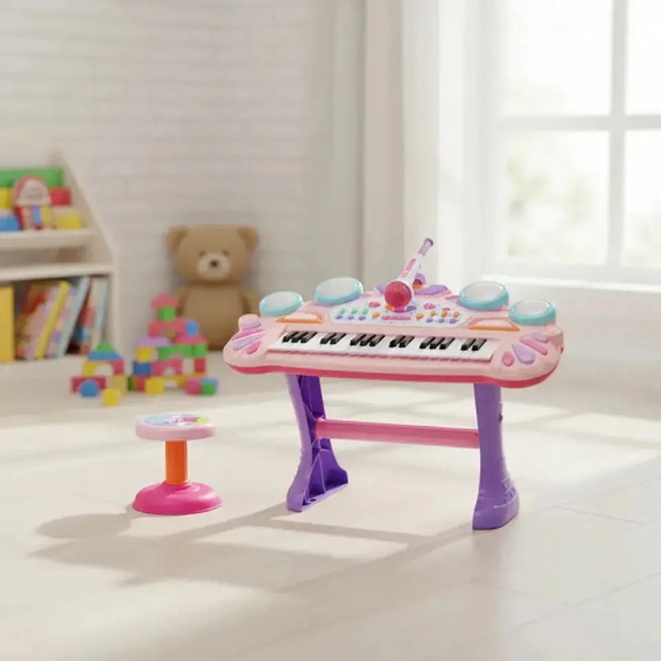 Piano Organeta Electrónica Musical Con Micrófono Y Silla  1