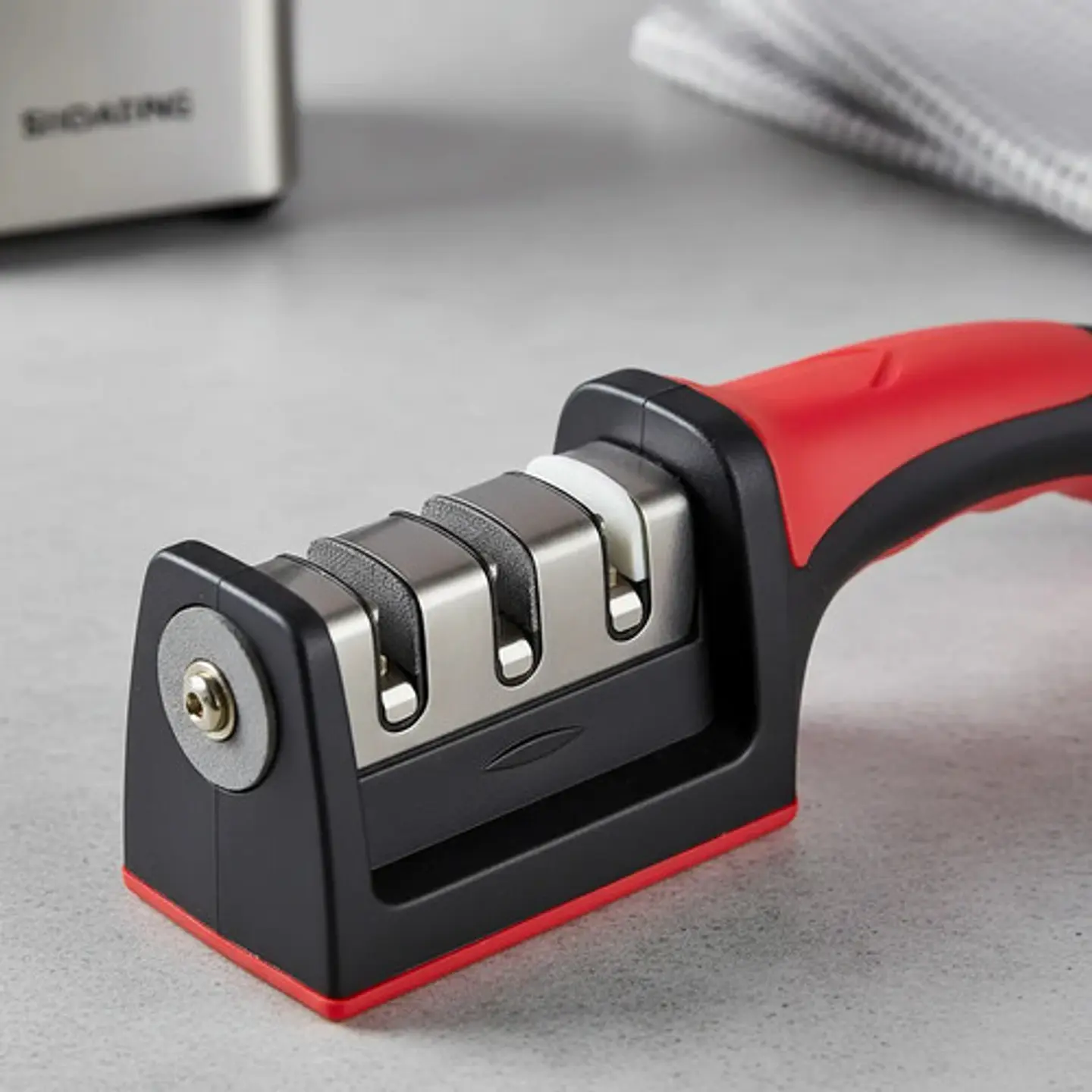 Afilador Cuchillos Rama Design Acero Inoxidable 3 Etapas Mango Rojo 5