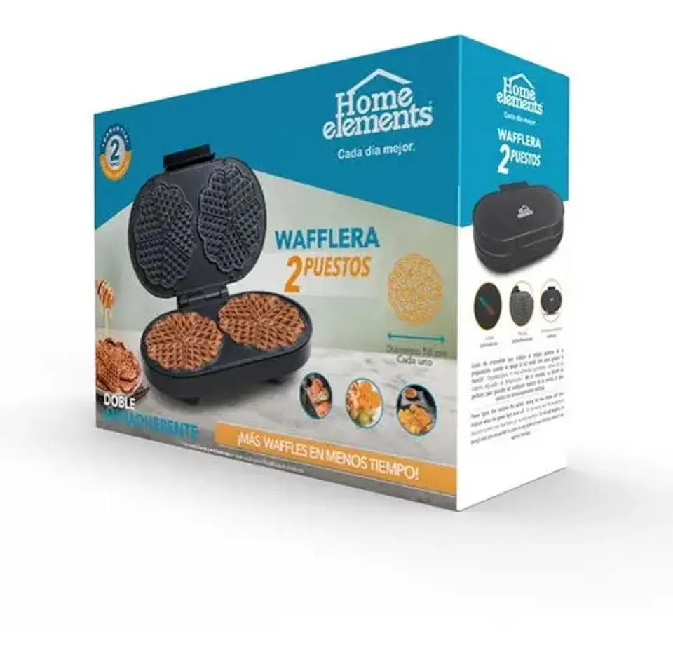 Wafflera Eléctrica Doble 2 Puestos Home Elements Teflón 1200w 110v 4