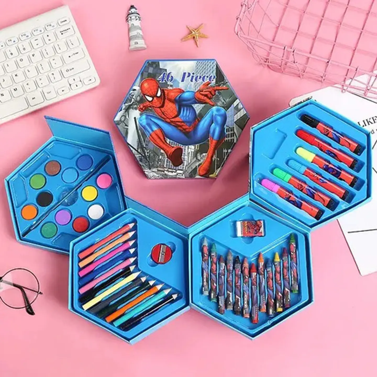 Set De Arte Hexagonal Set Pinturas Lápiz Incluye Estuche Modelo Variado Spider 46pcs 2