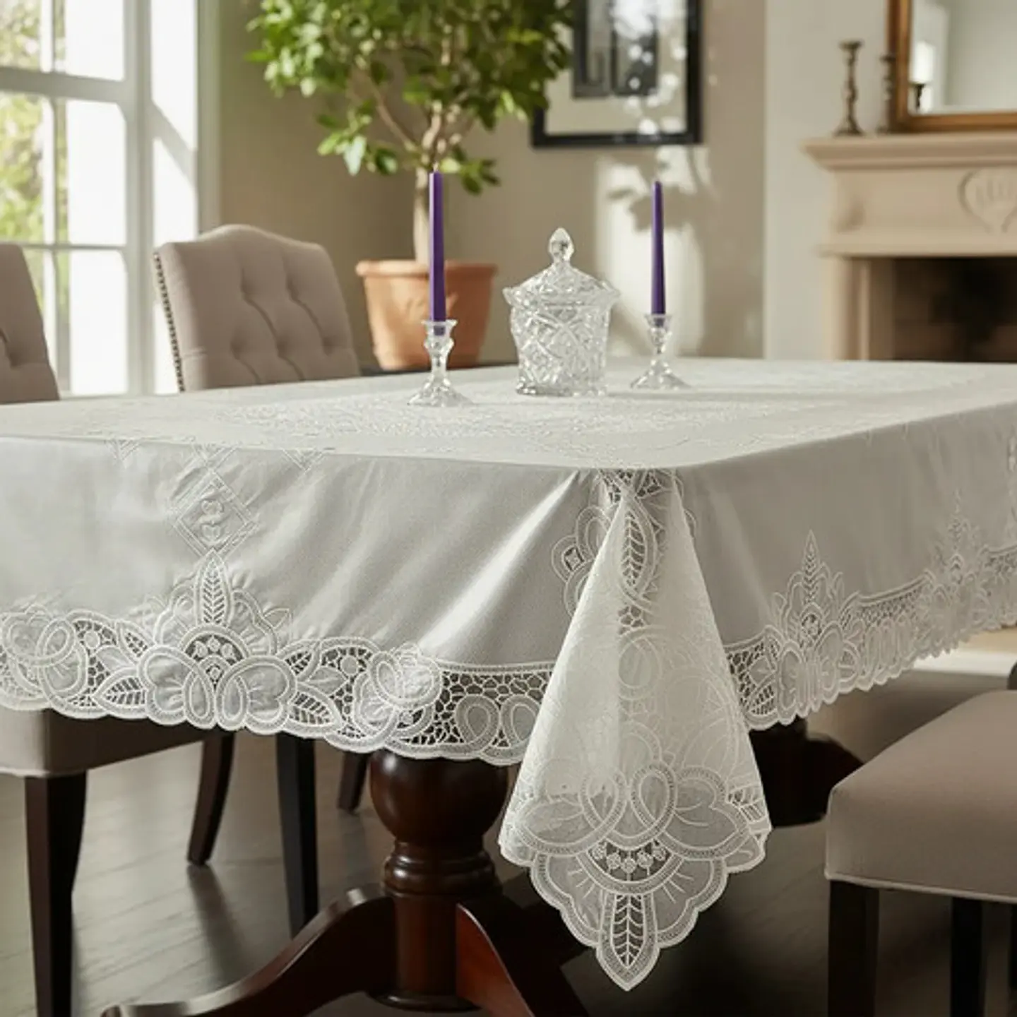 Mantel Encaje Vinilo Plástico Bordado Elegante Facil Limpiar Color Blanco Flores Floreado 1