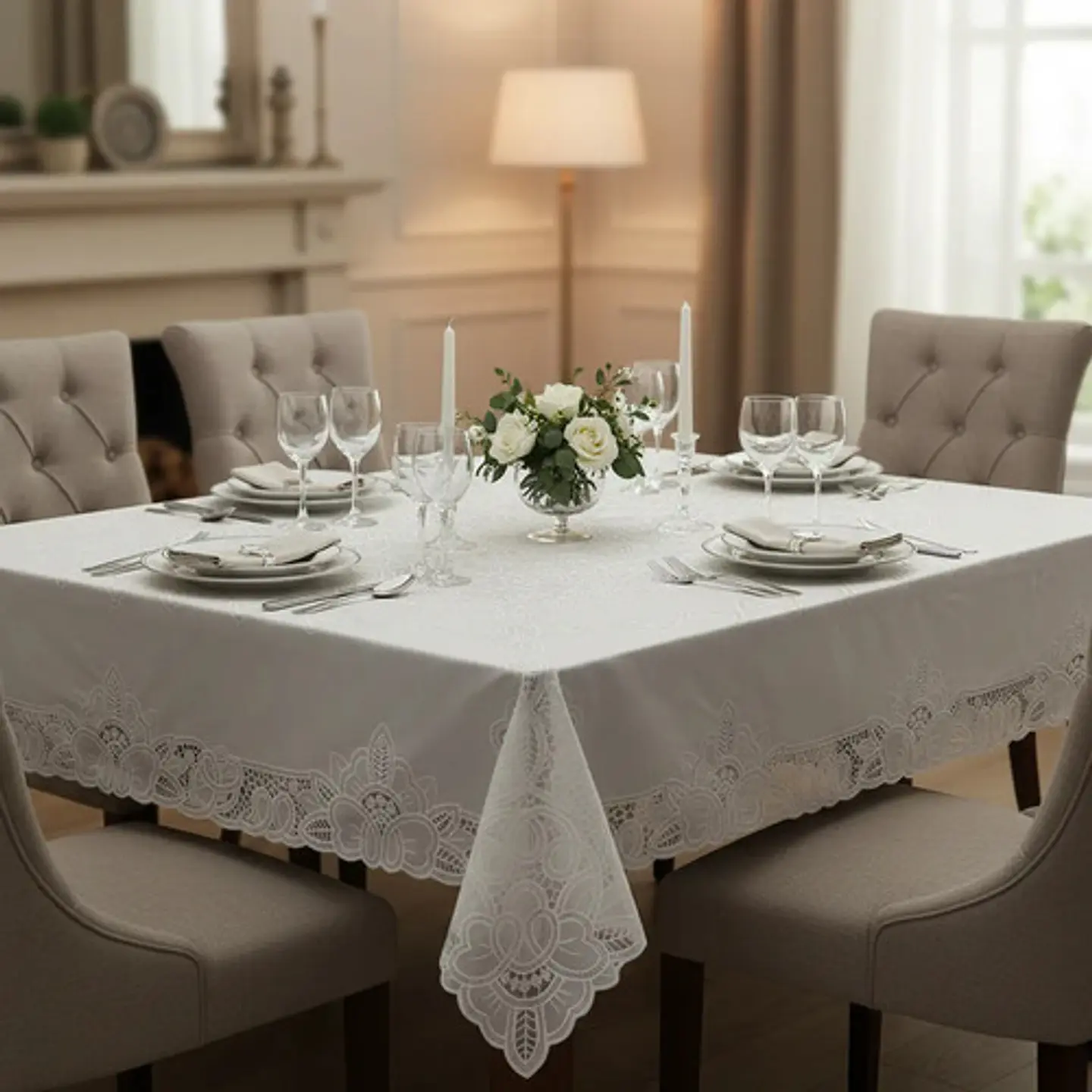 Mantel Encaje Vinilo Plástico Bordado Elegante Facil Limpiar Color Blanco Flores Floreado 5