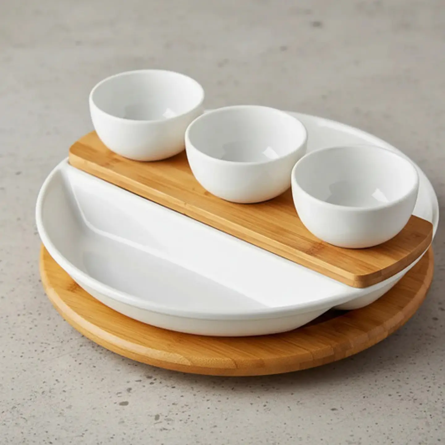 Bandeja Giratoria De Cerámica Y Bambú Con Tazones Para Dips De Tabletops Gallery Blanco 1