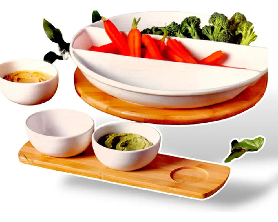 Bandeja Giratoria De Cerámica Y Bambú Con Tazones Para Dips De Tabletops Gallery Blanco 2
