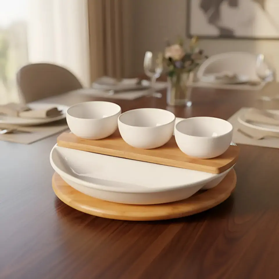 Bandeja Giratoria De Cerámica Y Bambú Con Tazones Para Dips De Tabletops Gallery Blanco 3