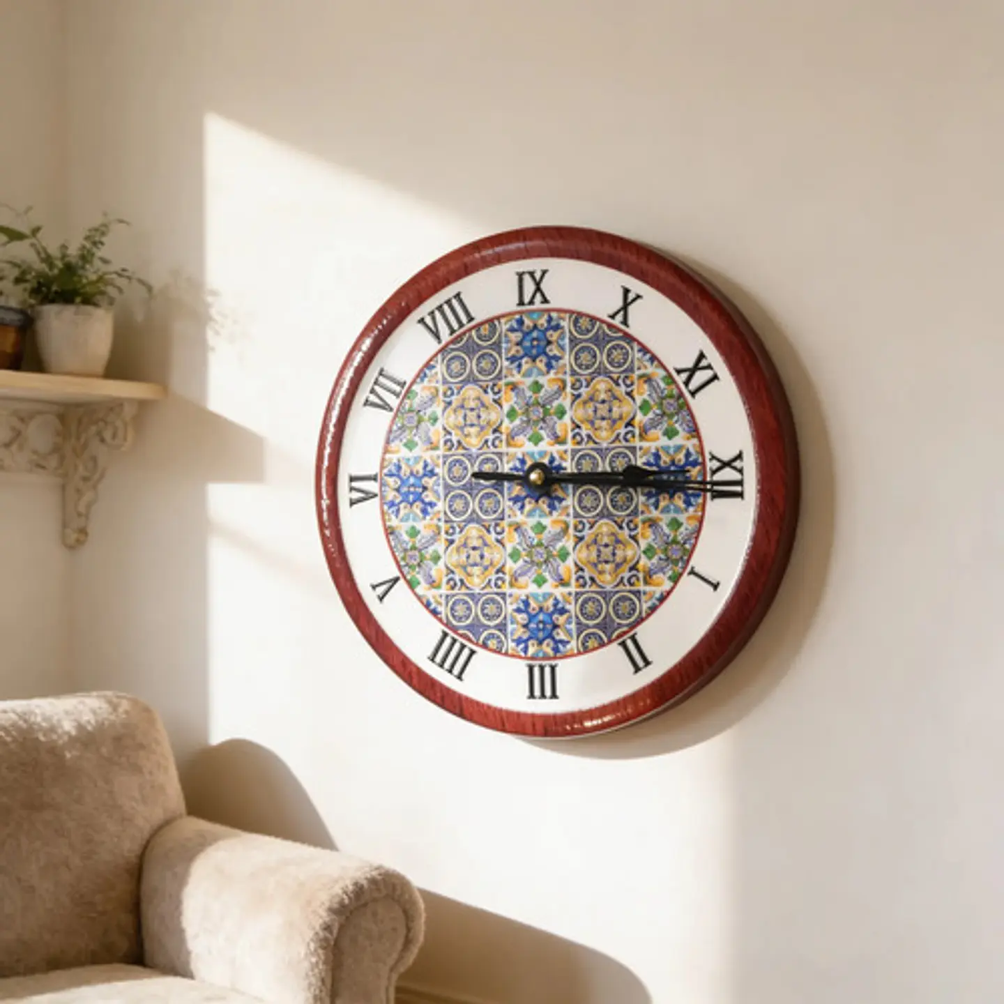 Reloj Pared Macro Cerámica Porcelana Redondo 20cm Romanos Azul Amarillo 1