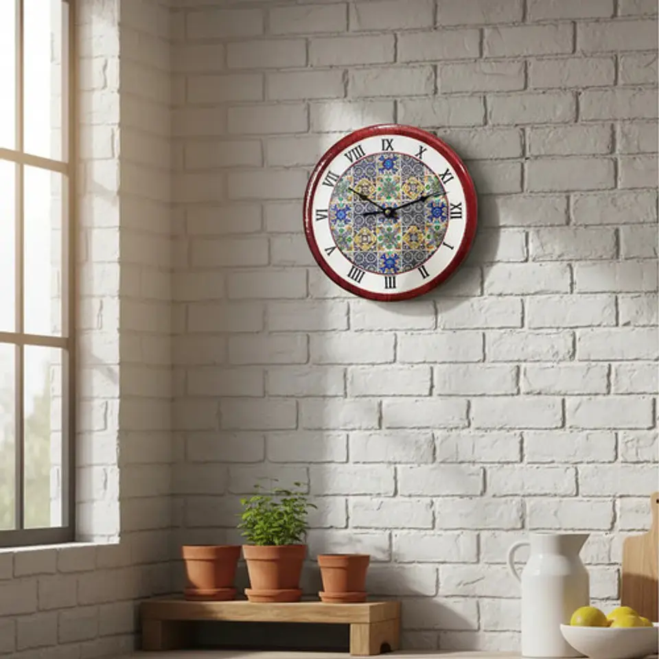 Reloj Pared Macro Cerámica Porcelana Redondo 20cm Romanos Azul Amarillo 4