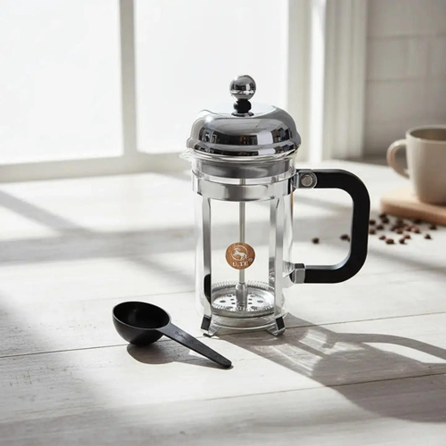 Prensa Francesa Cafe +cuchara Vidrio 350ml Filtro Acero Lujo Negro 3